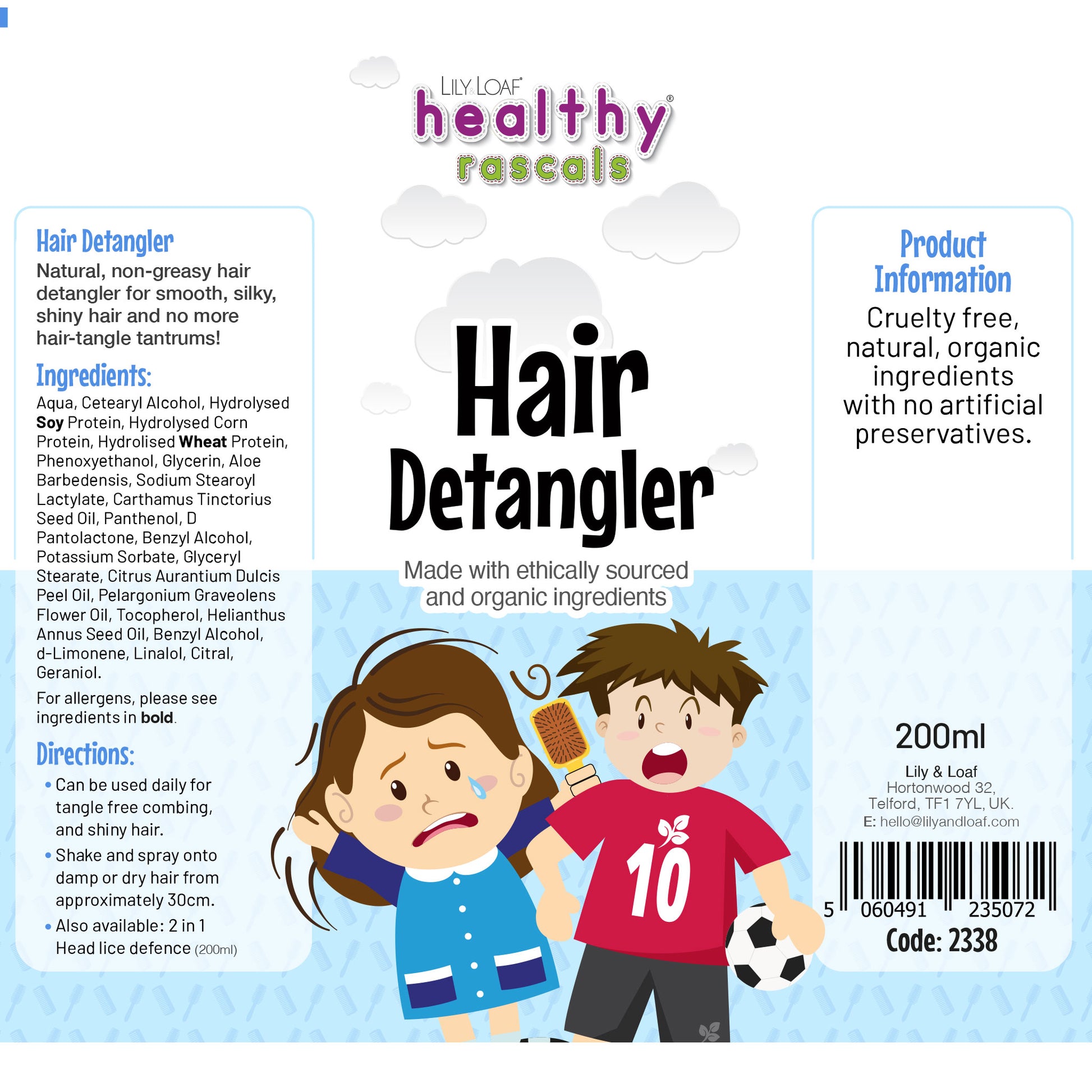 Healthy Rascals Hair Detangler product label with ingredients, directions, and organic certification details.