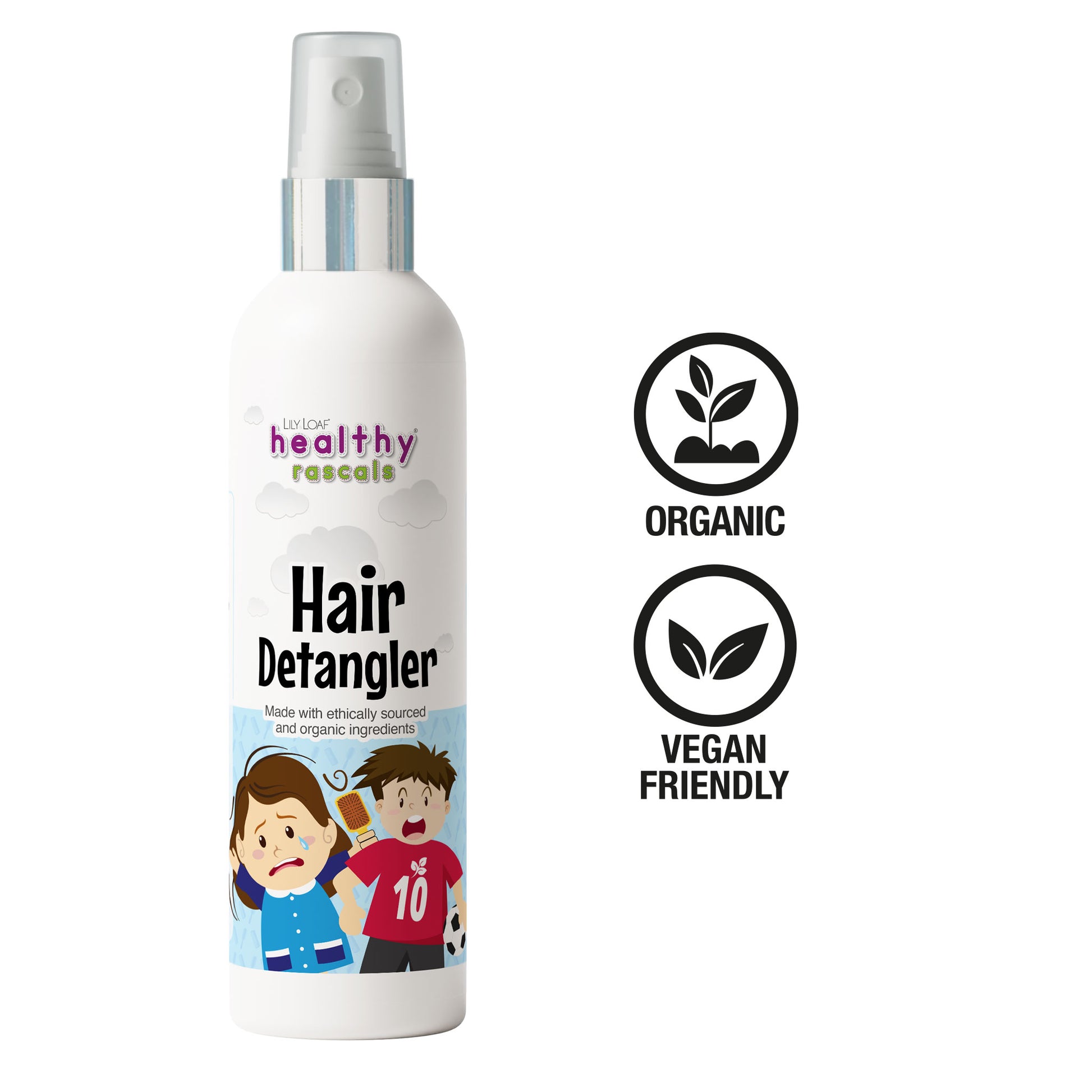Healthy Rascals Hair Detangler spray bottle, labelled organic and vegan friendly with cartoon child graphics.