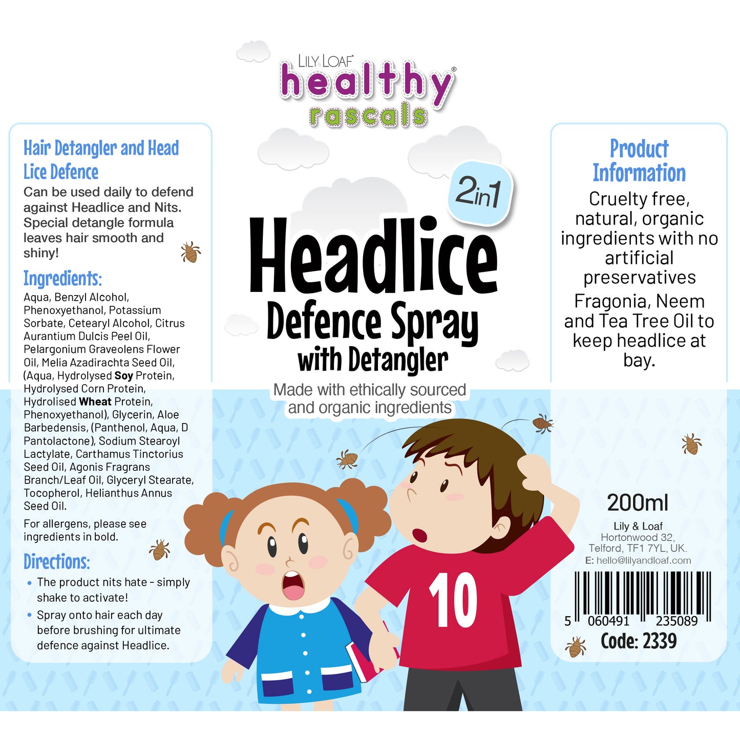 Label for Healthy Rascals Headlice Defence Spray with Detangler, featuring directions, ingredients, and product benefits.