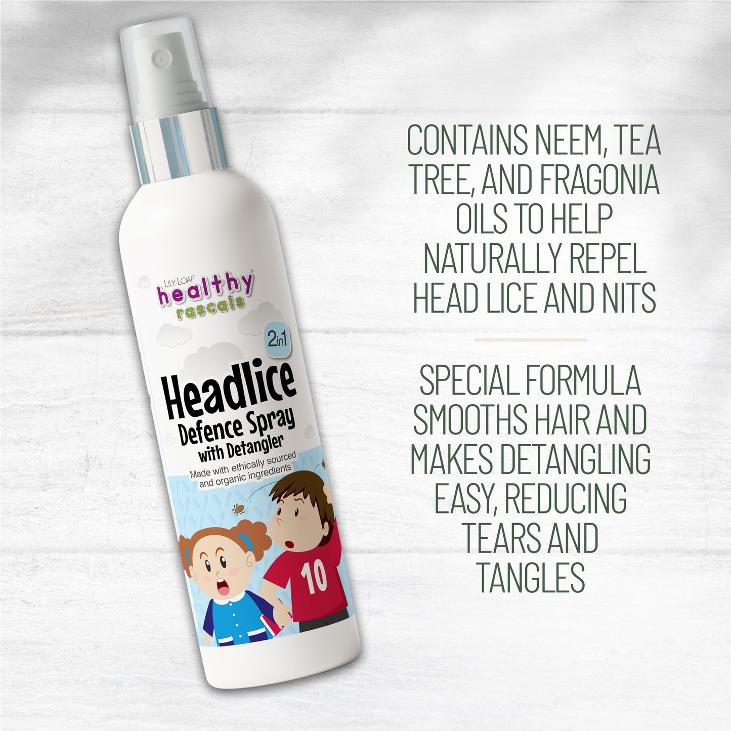 Healthy Rascals Headlice Defence Spray bottle with benefits listed: natural oils and detangling formula