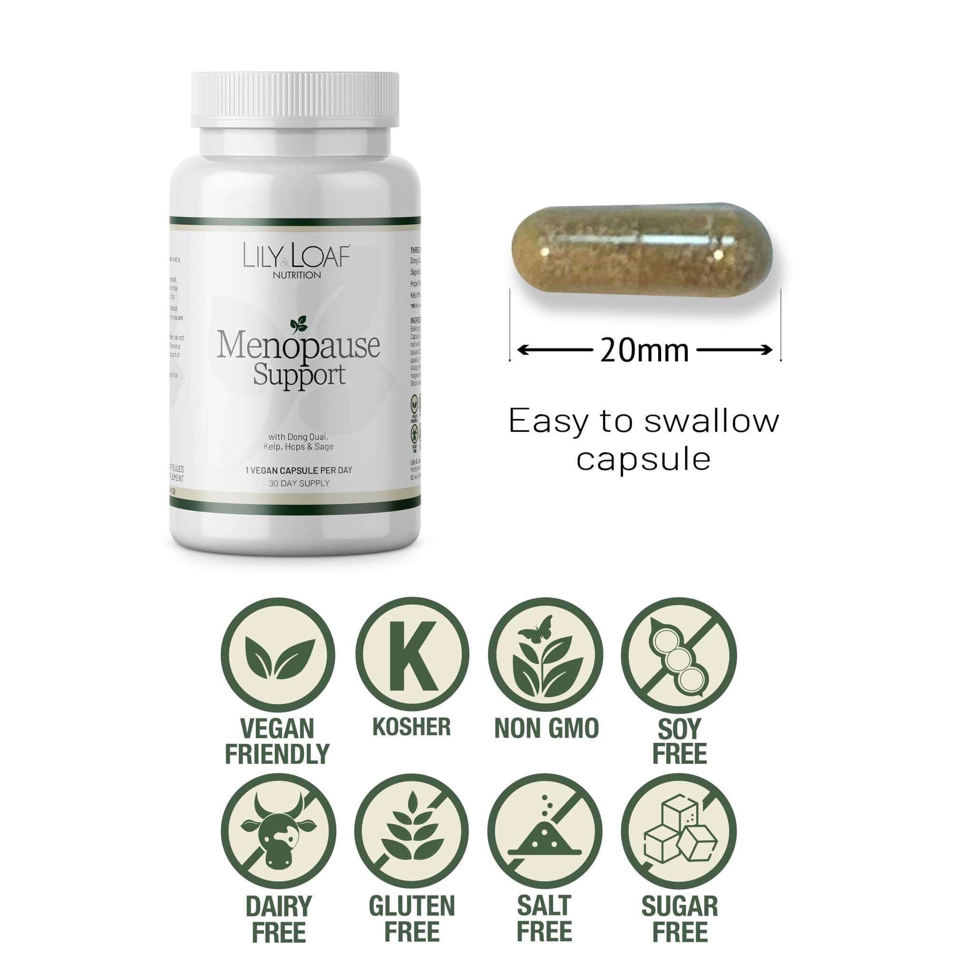 Lily & Loaf Menopause Support bottle and 20mm capsule with icons showing it is vegan, kosher, non-GMO, and allergen-free