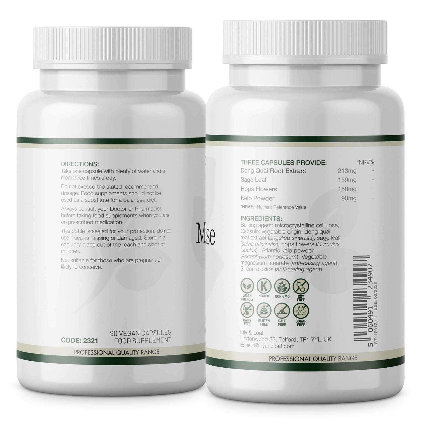 Back label of Lily & Loaf Menopause Support showing ingredients, directions, and supplement facts