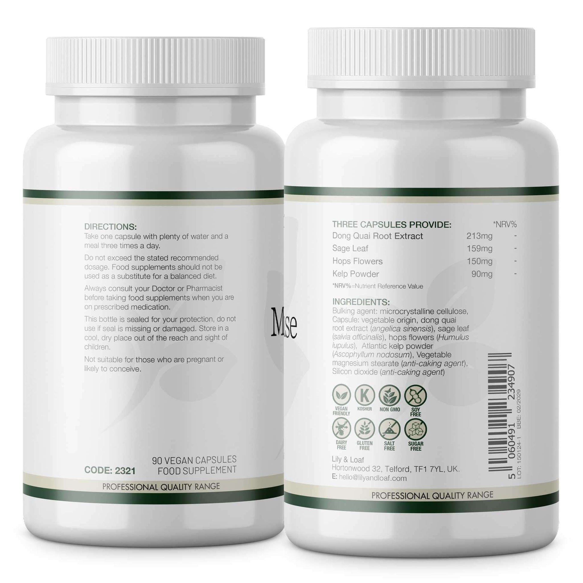 Back label of Lily & Loaf Menopause Support showing ingredients, directions, and supplement facts