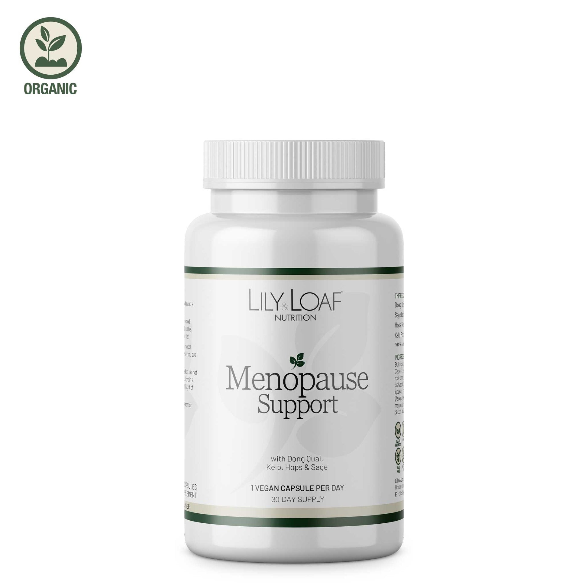 Lily & Loaf Menopause Support supplement bottle with natural ingredients for a 30-day vegan supply