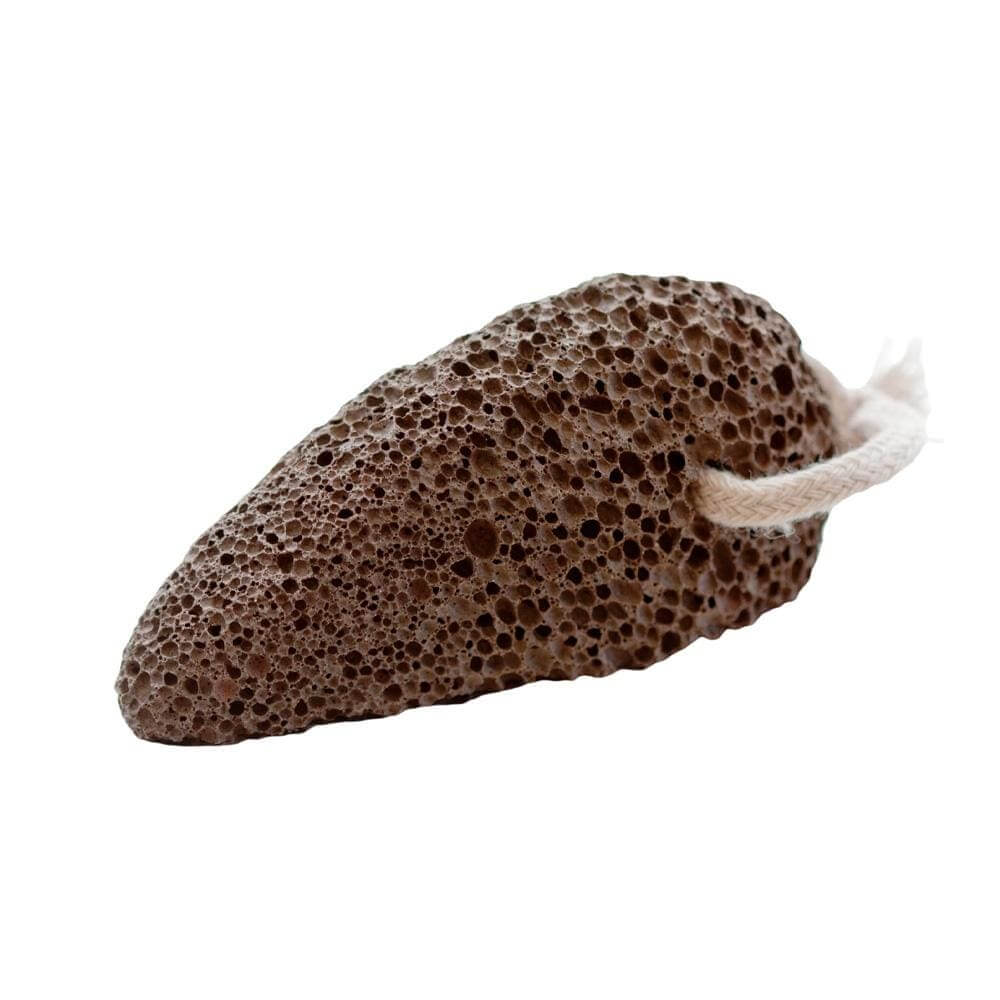 Natural dark volcanic lava footstone pumice with porous texture and attached white rope, designed for exfoliating and smoothing rough skin on feet.