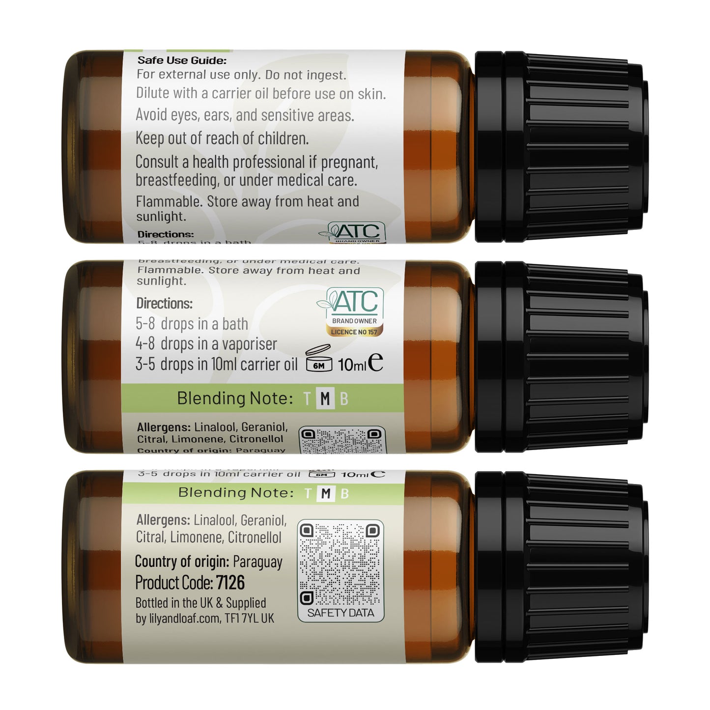 Lily & Loaf Petitgrain organic essential oil label with usage cautions, directions, product code, and UK bottling information.