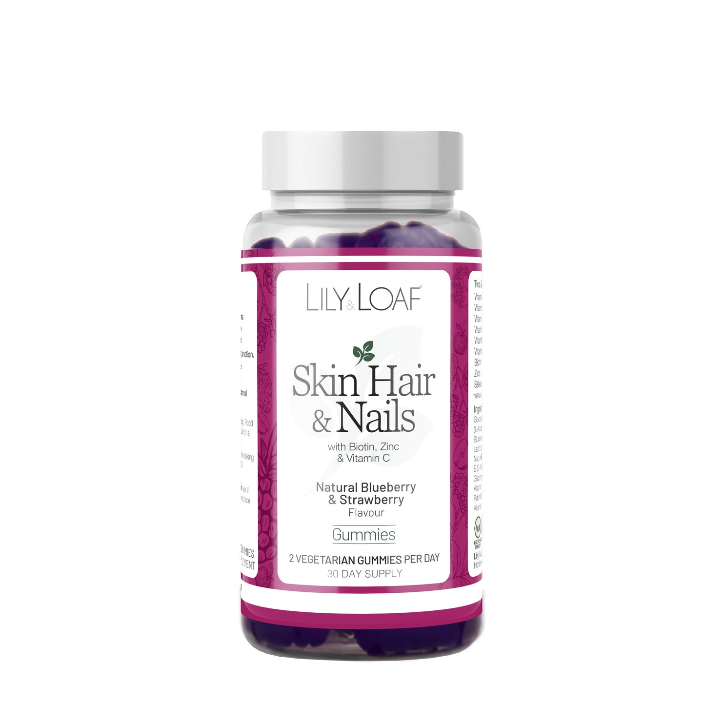 Lily & Loaf Skin Hair & Nails Gummies bottle featuring biotin, zinc, and vitamin C for hair, skin, and nail support.