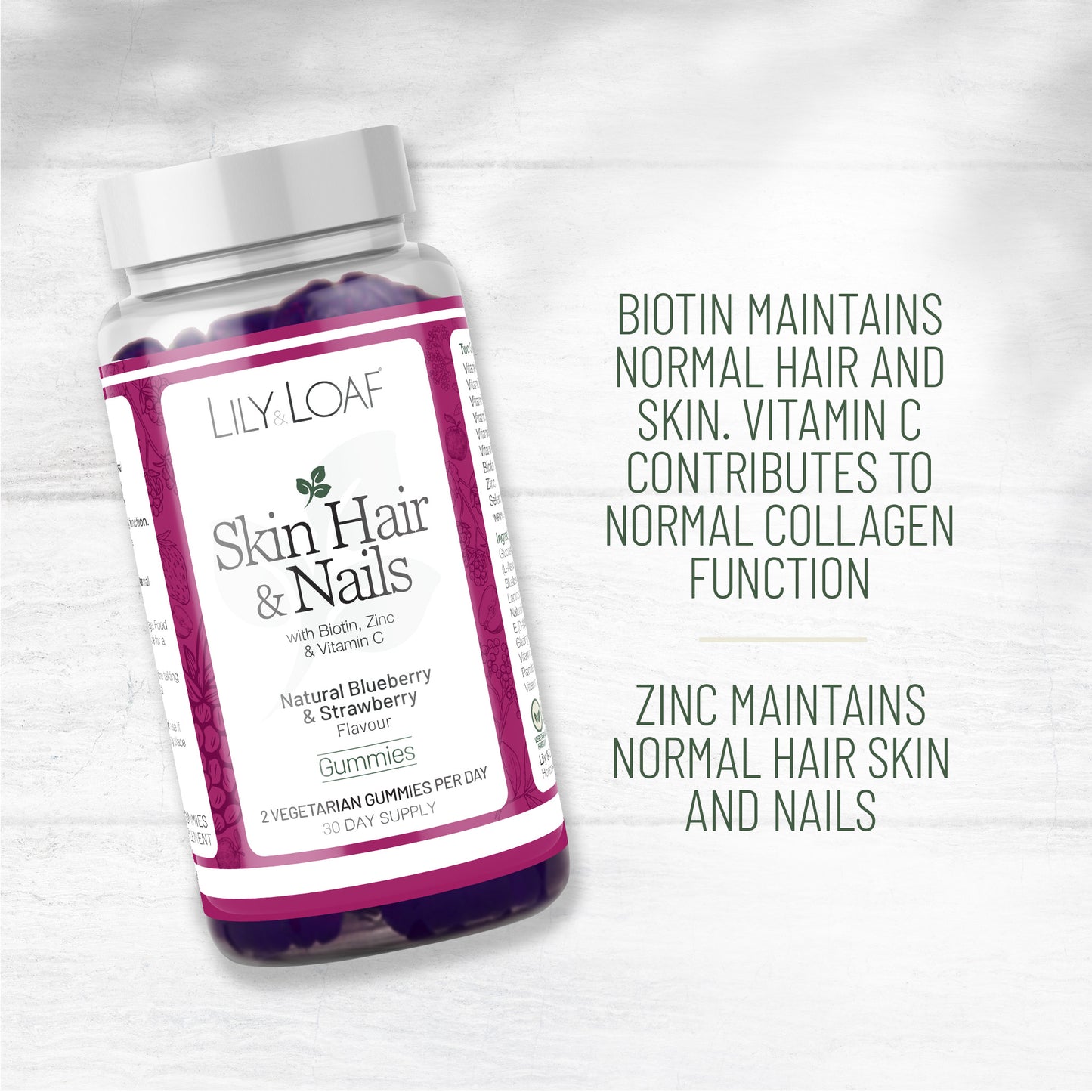 Lily & Loaf Skin Hair & Nails Gummies bottle with claims about biotin, vitamin C, and zinc benefits