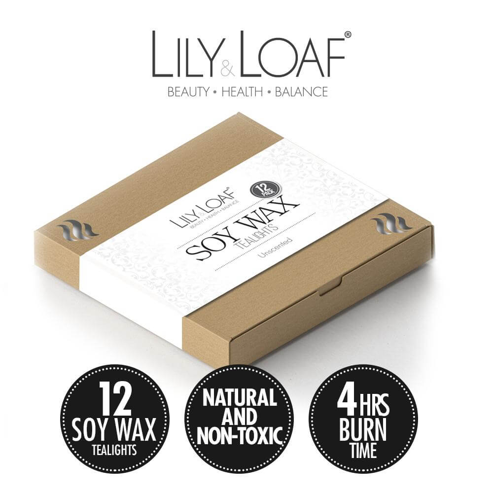 Box of 12 unscented Lily & Loaf soy wax tealights with 4-hour burn time, natural and non-toxic