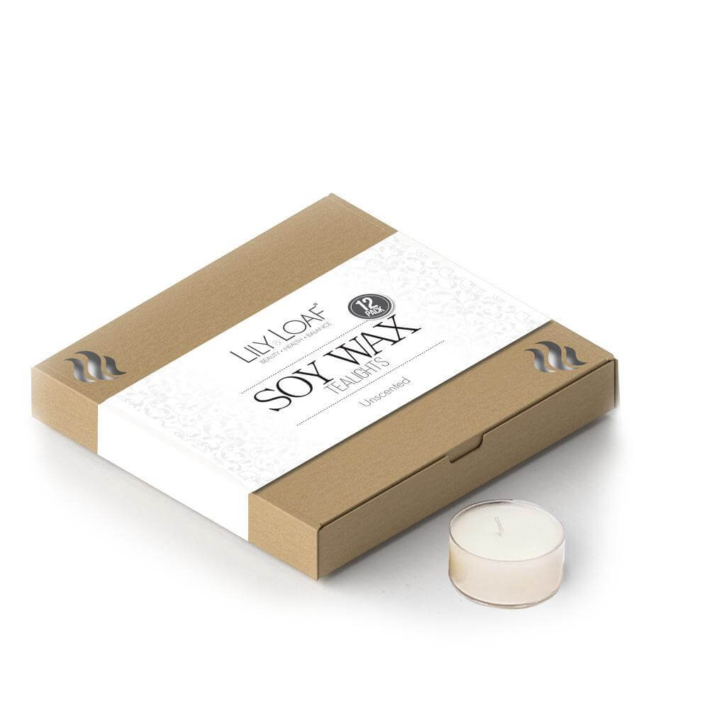 Box of 12 unscented Lily & Loaf soy wax tealights with one tealight candle outside the box
