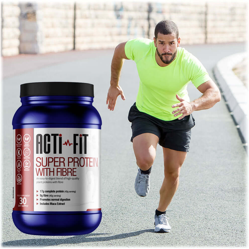 A man on an athletics track sprinting with a tub of Super Protein with Fibre in the foreground