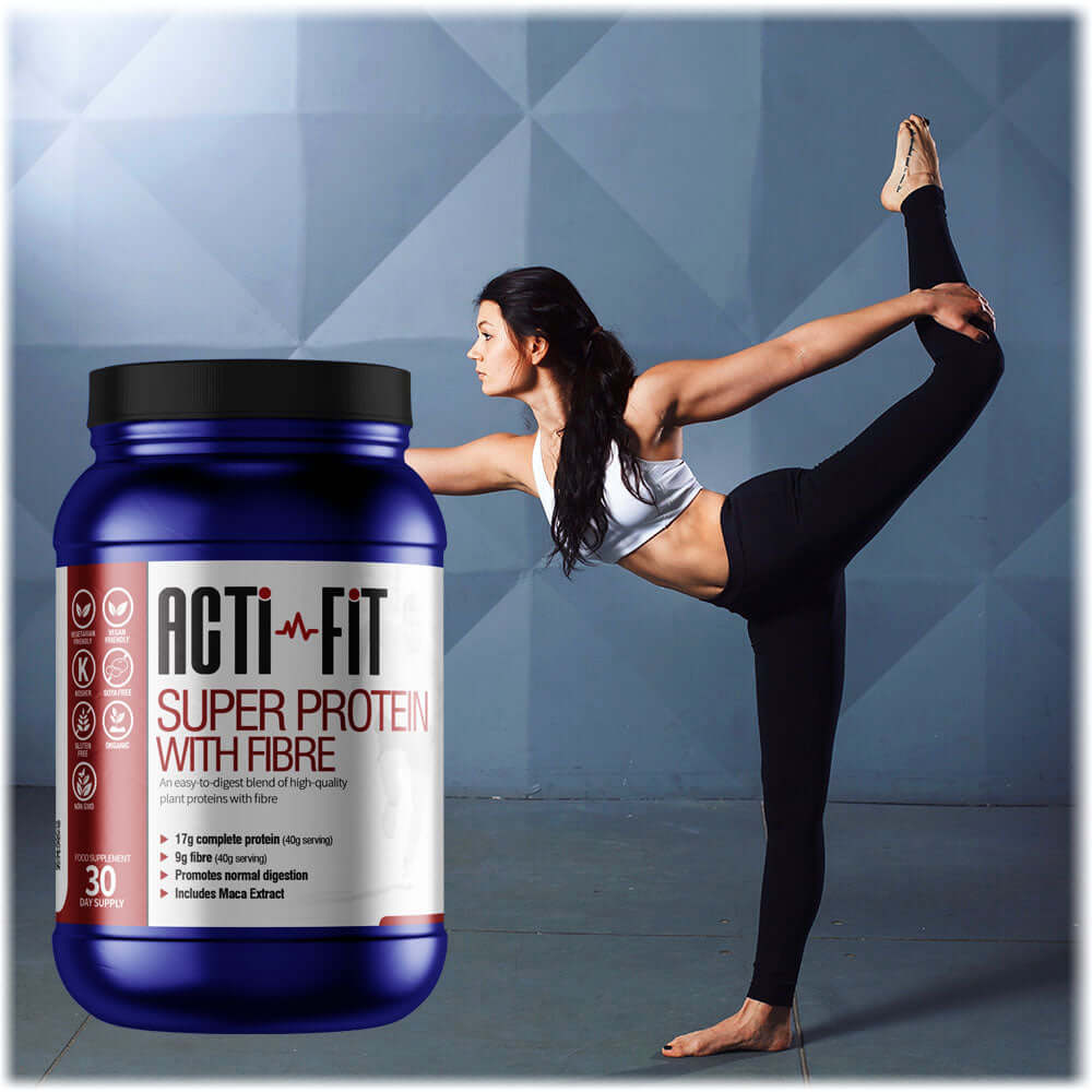 A gymnast stretching her leg behind her back with a tub of Super Protein with Fibre in the foreground