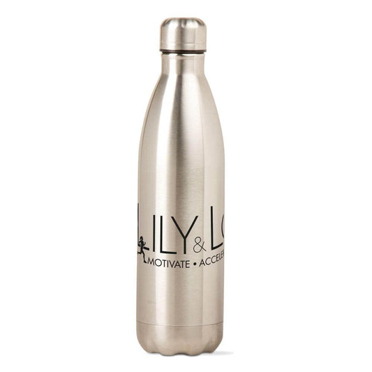 Stainless steel water bottle with Lily & Loaf branding on a white background