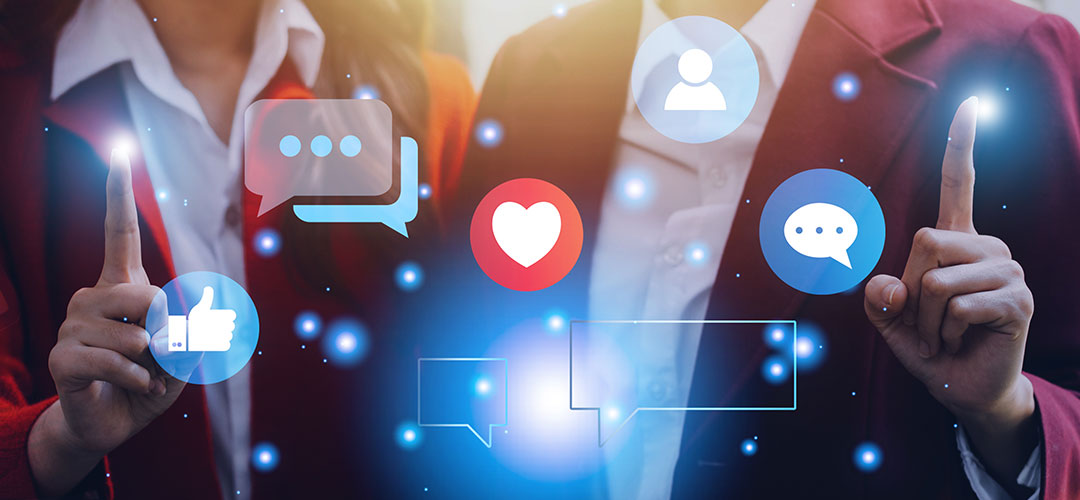 social media icons with people clicking through