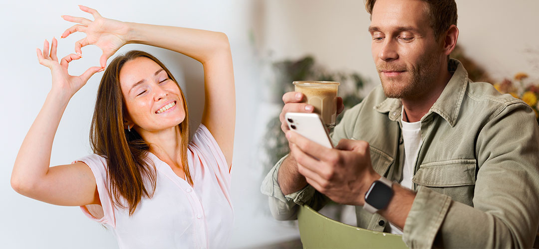 man answering questions on phone and lady feeling the benefits from doing the quiz