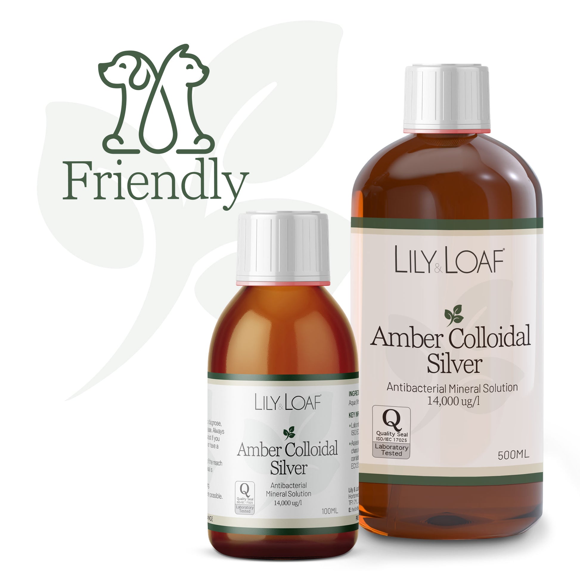 100ml and 500ml bottles of Amber Colloidal Silver liquid next to a "pet friendly" symbol