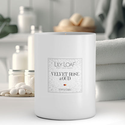 Velvet Rose & Oud Soy Wax Candle in bathroom