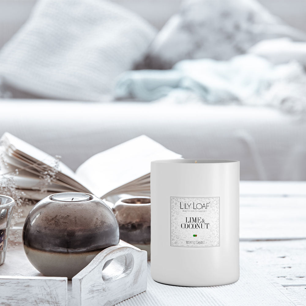 Lime & Coconut Soy Wax Candle in lounge on table