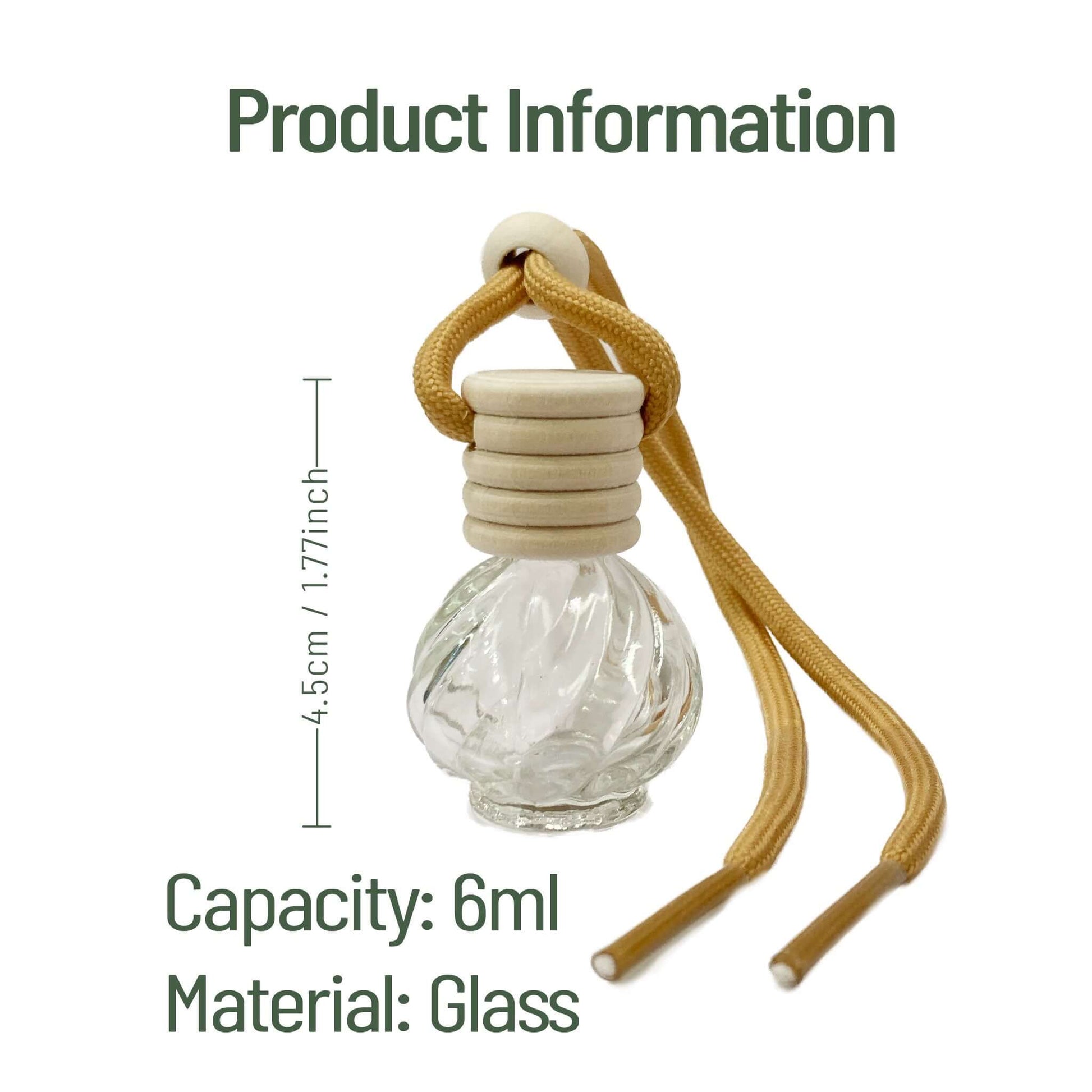 Glass car air freshener with a yellow rope on a white background, showing product information.