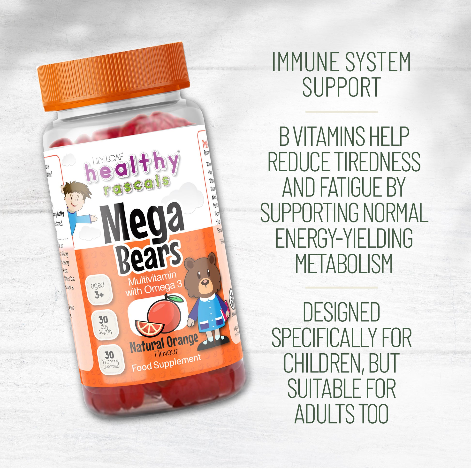 Healthy Rascals Mega Bears multivitamin with omega 3 bottle and children’s wellness benefit text on grey background