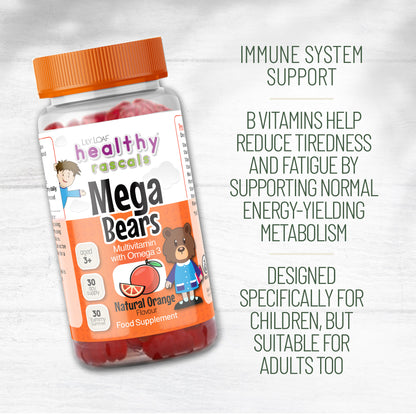 Healthy Rascals Mega Bears multivitamin with omega 3 bottle and children’s wellness benefit text on grey background