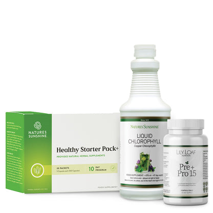 Lily & Loaf detox bundle with Liquid Chlorophyll, Pre + Pro15, and Healthy Starter Pack.