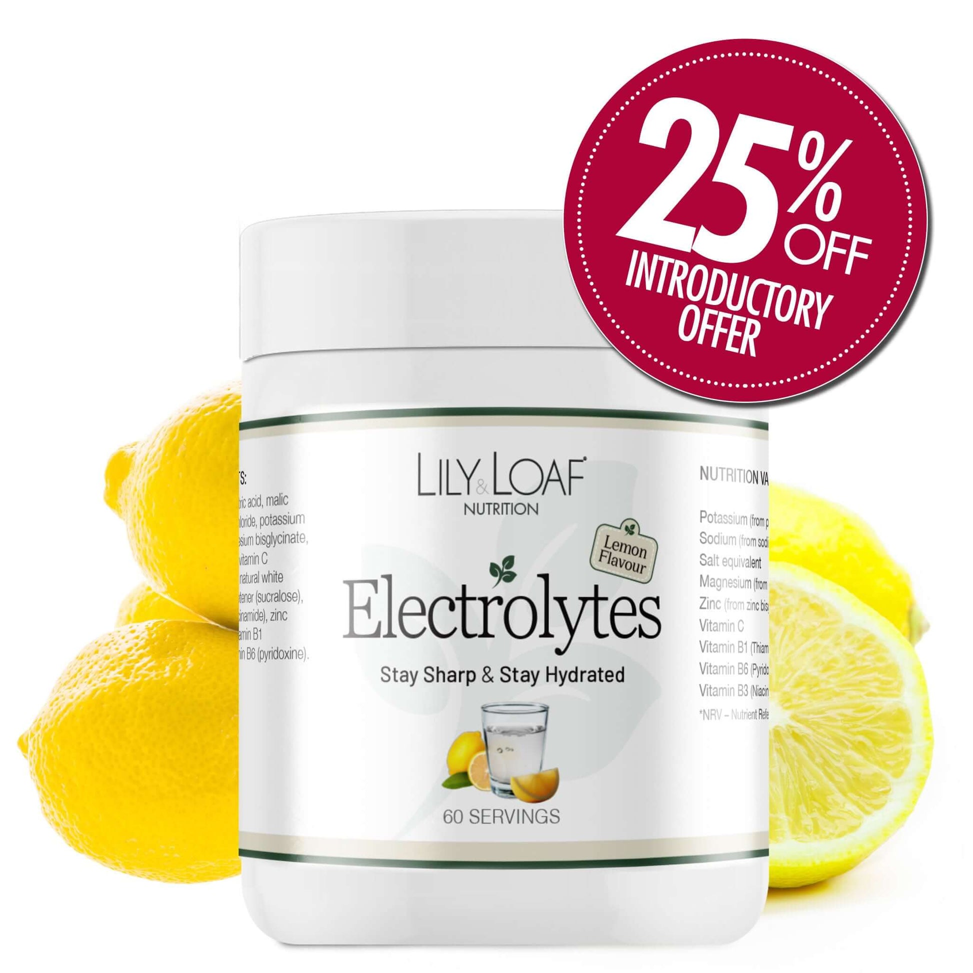 Lily & Loaf Electrolytes powder container surrounded by lemons and with a 25% off introductory offer icon.