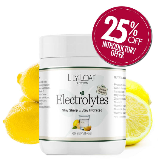 Lily & Loaf Electrolytes powder container surrounded by lemons and with a 25% off introductory offer icon.
