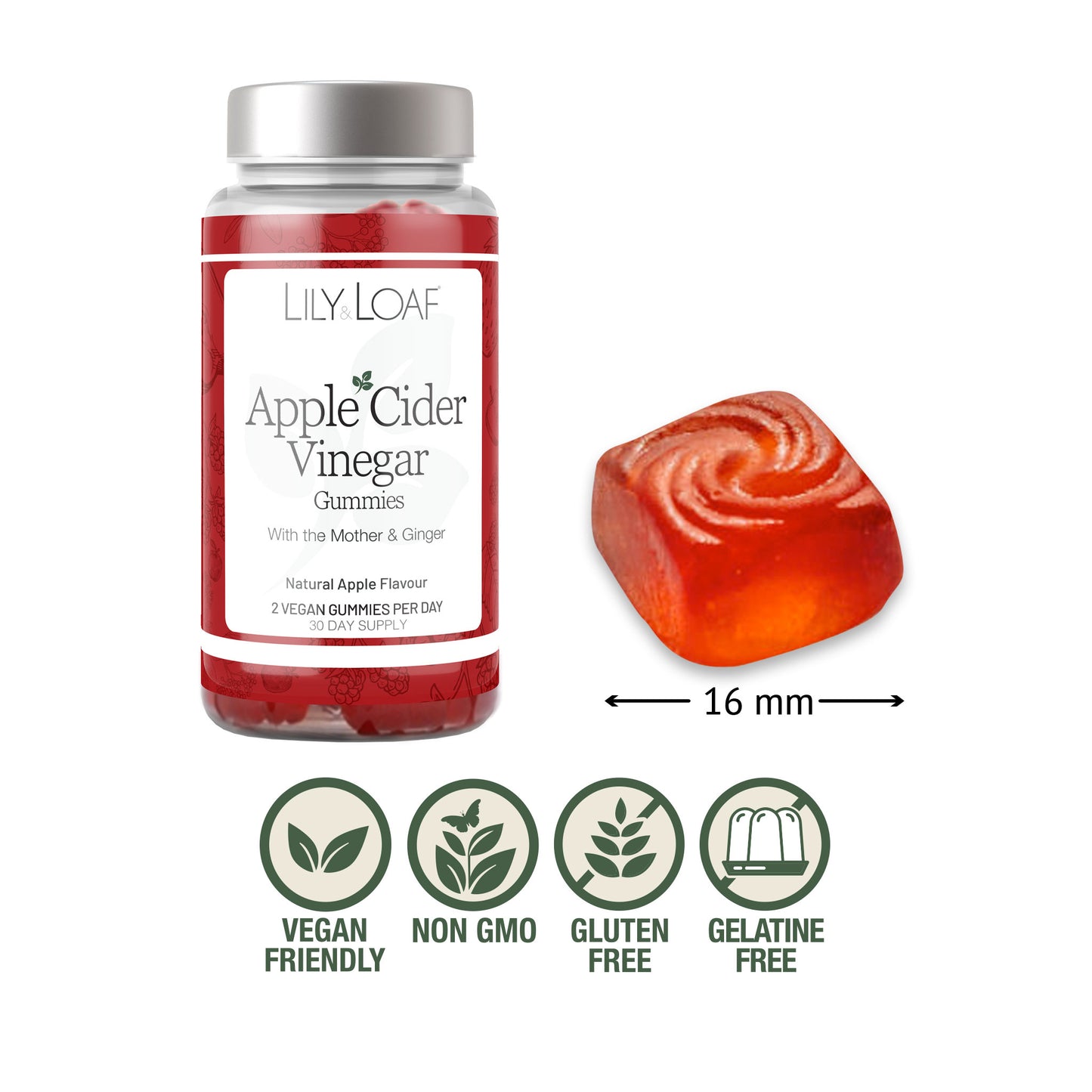 Lily Loaf Apple Cider Vinegar Gummies with a close-up of a gummy and product details on a white background.
