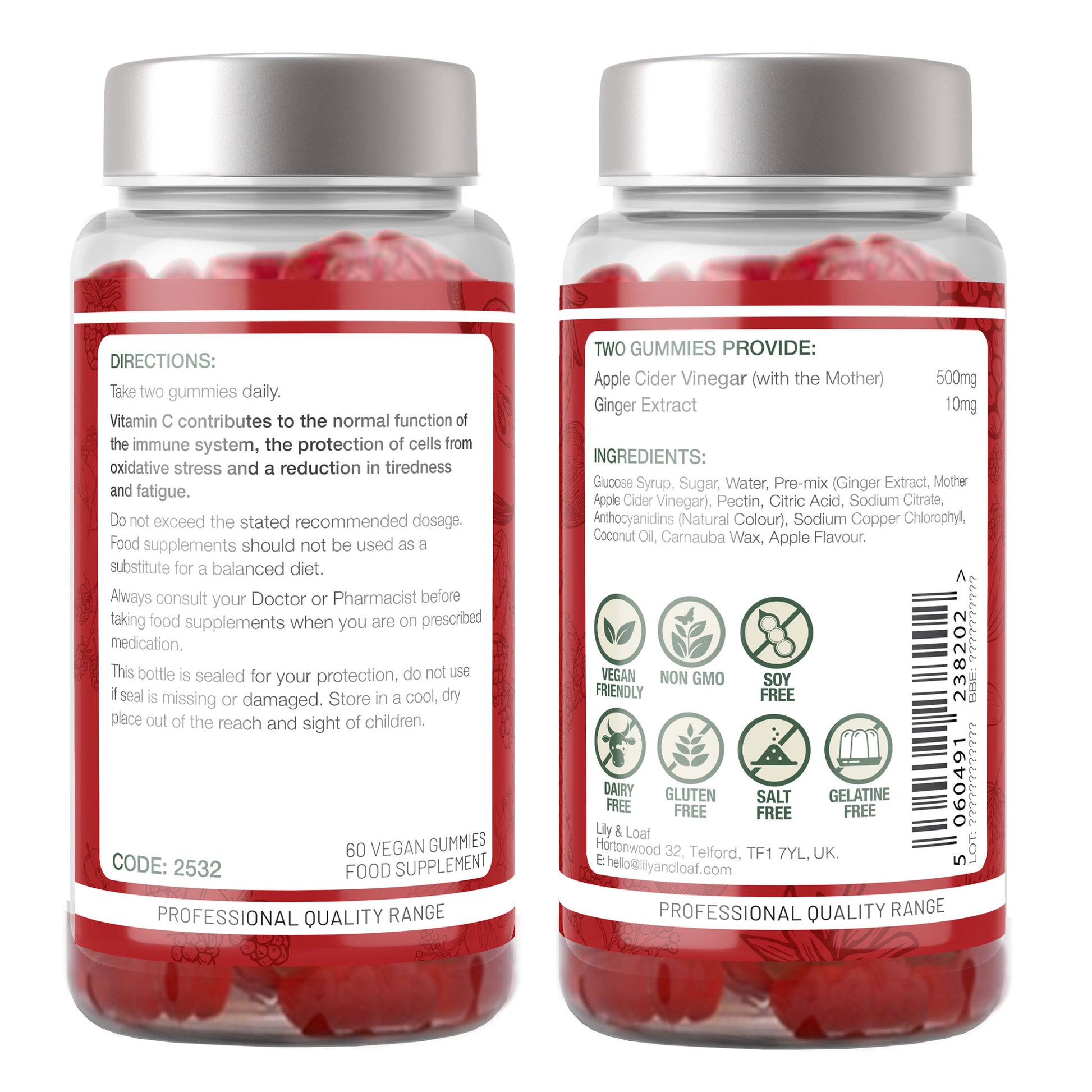 Bottle of Apple Cider Vinegar gummies with labels showing directions for use, ingredients and nutritional information