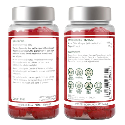 Bottle of Apple Cider Vinegar gummies with labels showing directions for use, ingredients and nutritional information