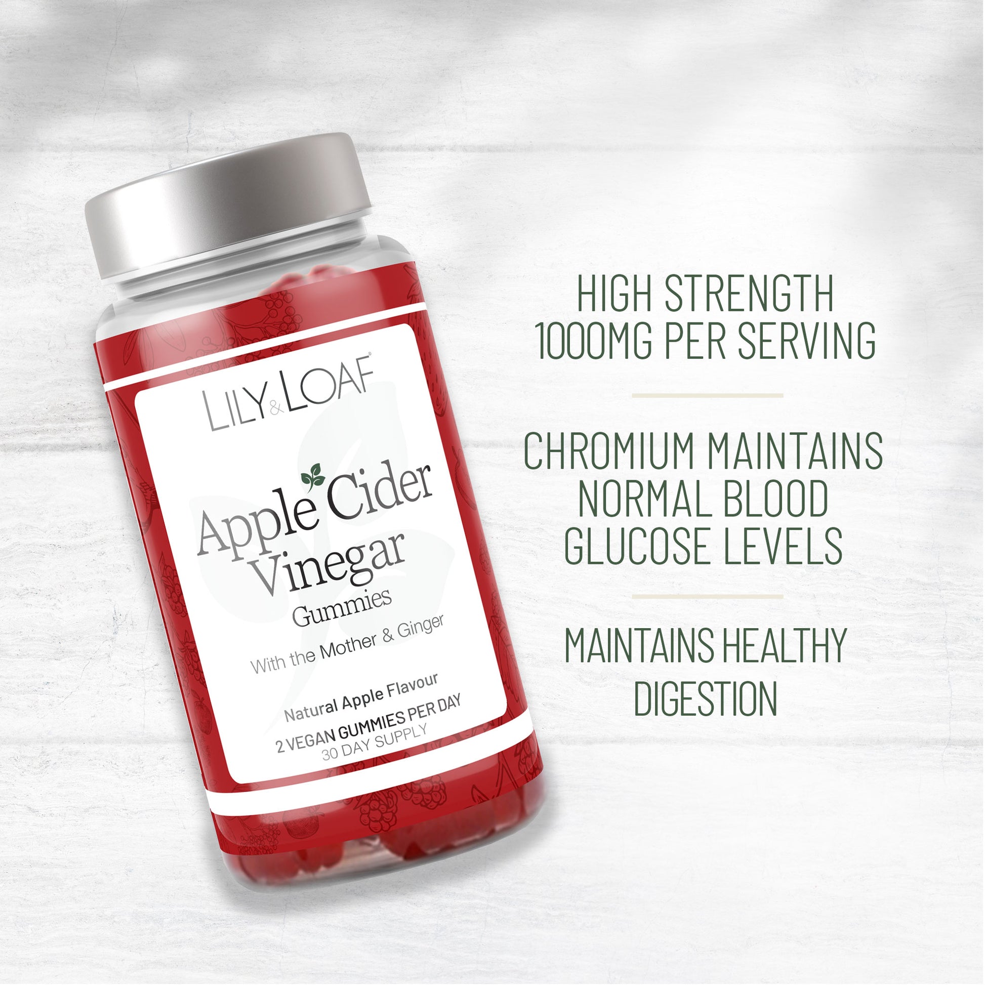 Bottle of Lily & Loaf Apple Cider Vinegar Gummies with product facts on a light grey background