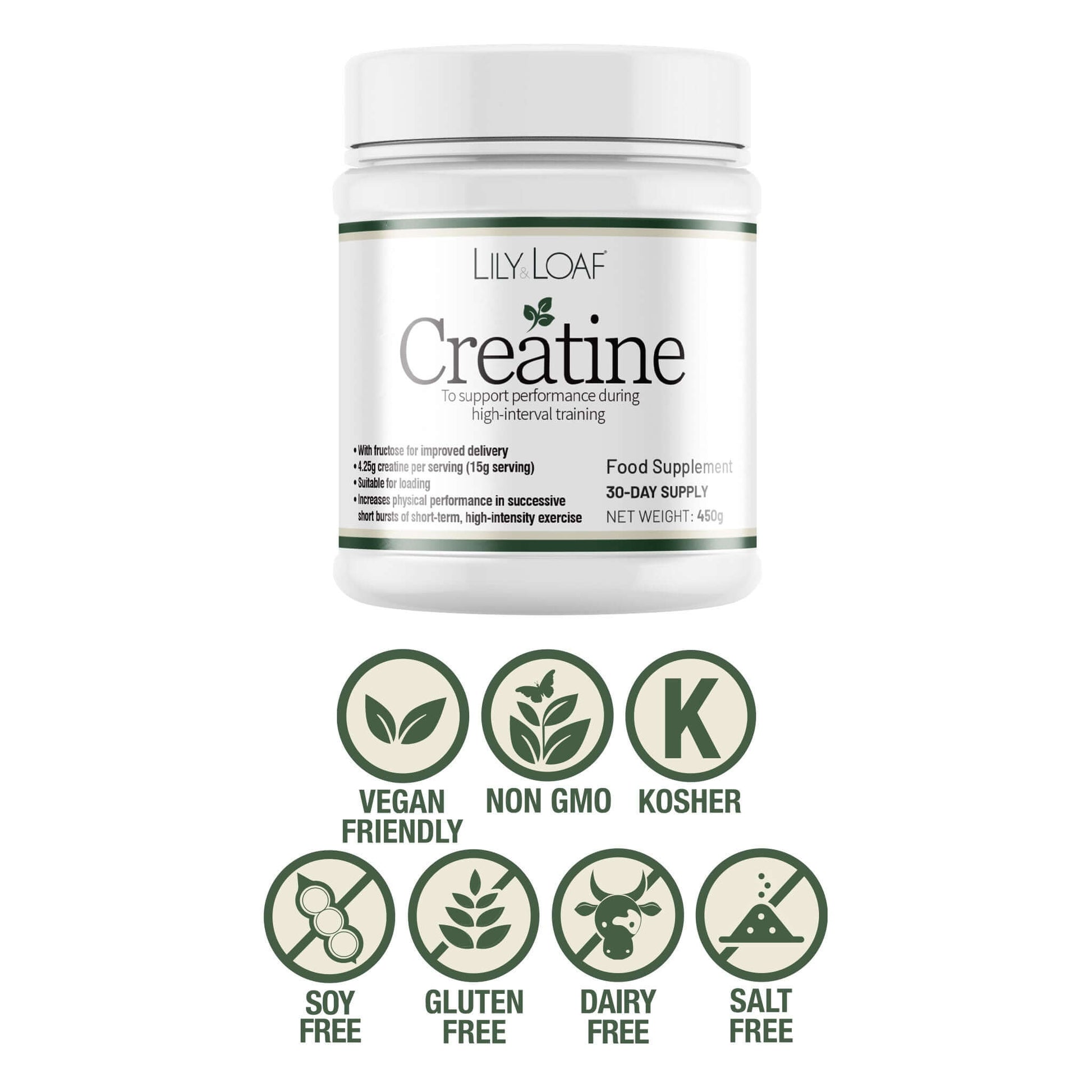 Lily & Loaf Creatine supplement container with certification icons on a white background
