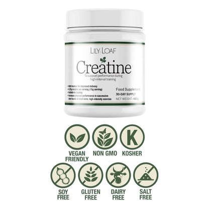 Lily & Loaf Creatine supplement container with certification icons on a white background