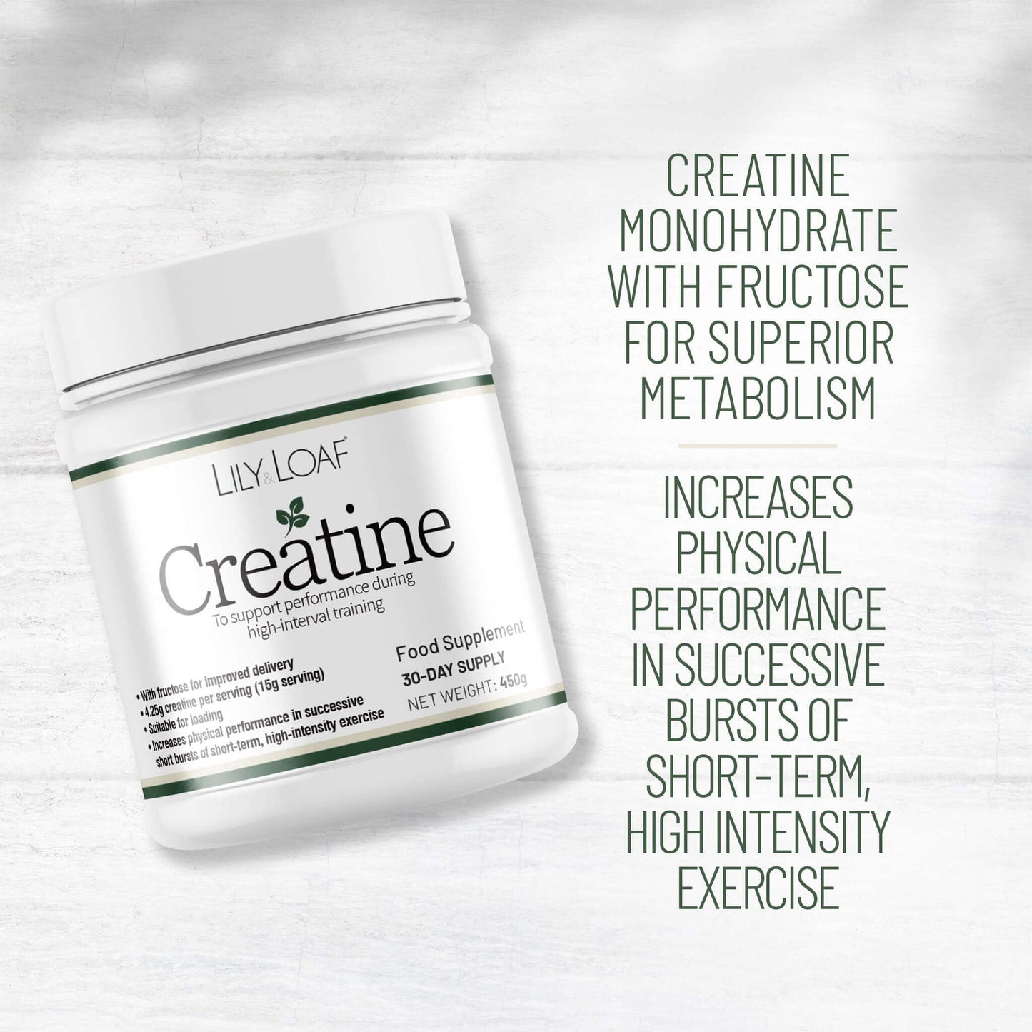 Lily & Loaf Creatine supplement container with text on a light grey background