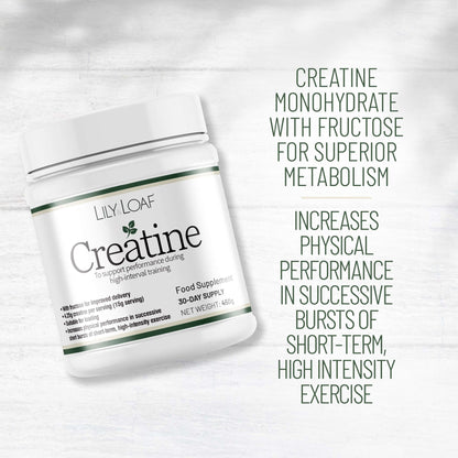 Lily & Loaf Creatine supplement container with text on a light grey background