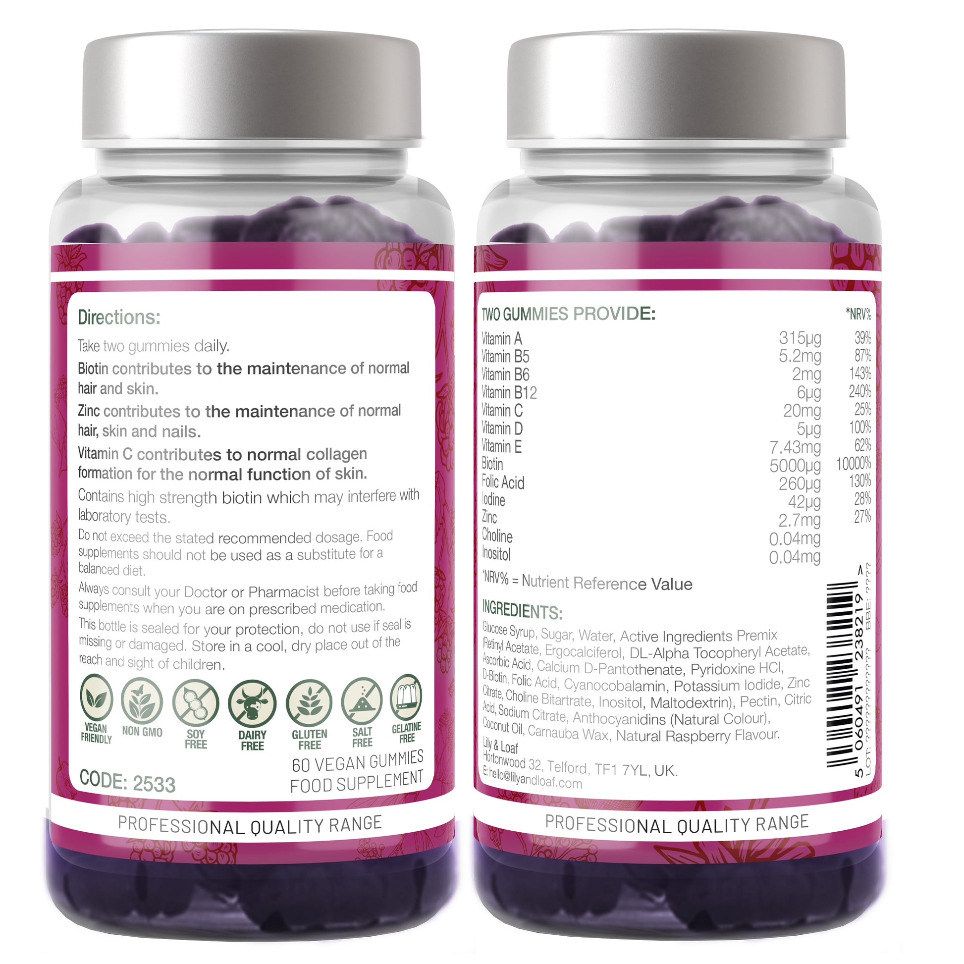 Lily & Loaf Hair, Skin & Nails gummy labels showing nutritional information and ingredients.