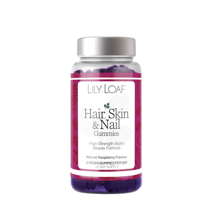 Bottle of Lily & Loaf Hair, Skin & Nail Gummies on a white background