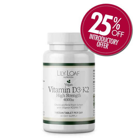 Lily & Loaf Vitamin D3+K2 Supplement bottle on a white background with 25% off introductory offer icon in red.