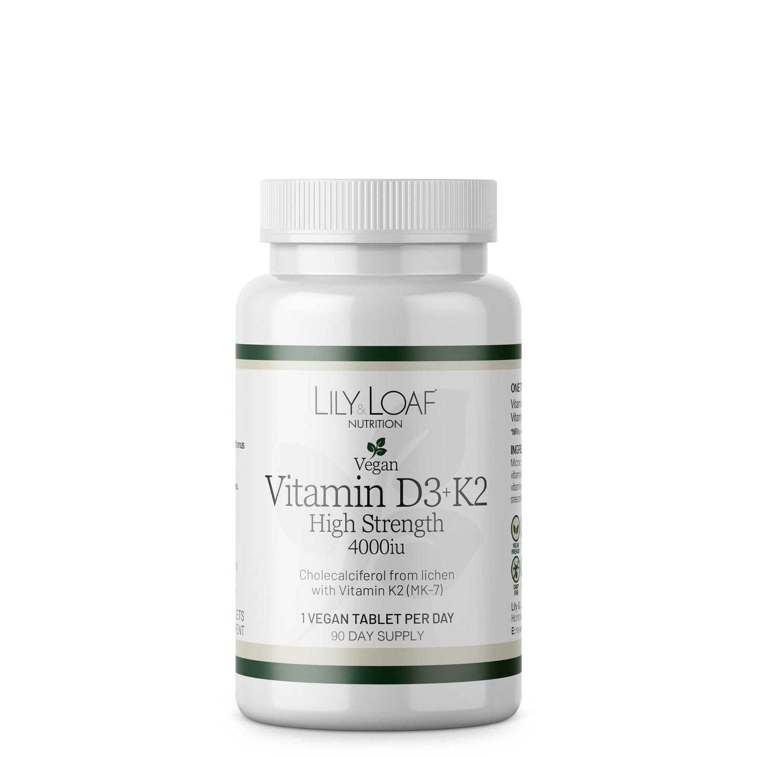 Lily & Loaf Nutrition Vitamin D3+K2 4000iu supplement bottle, vegan capsules with a 90 day supply