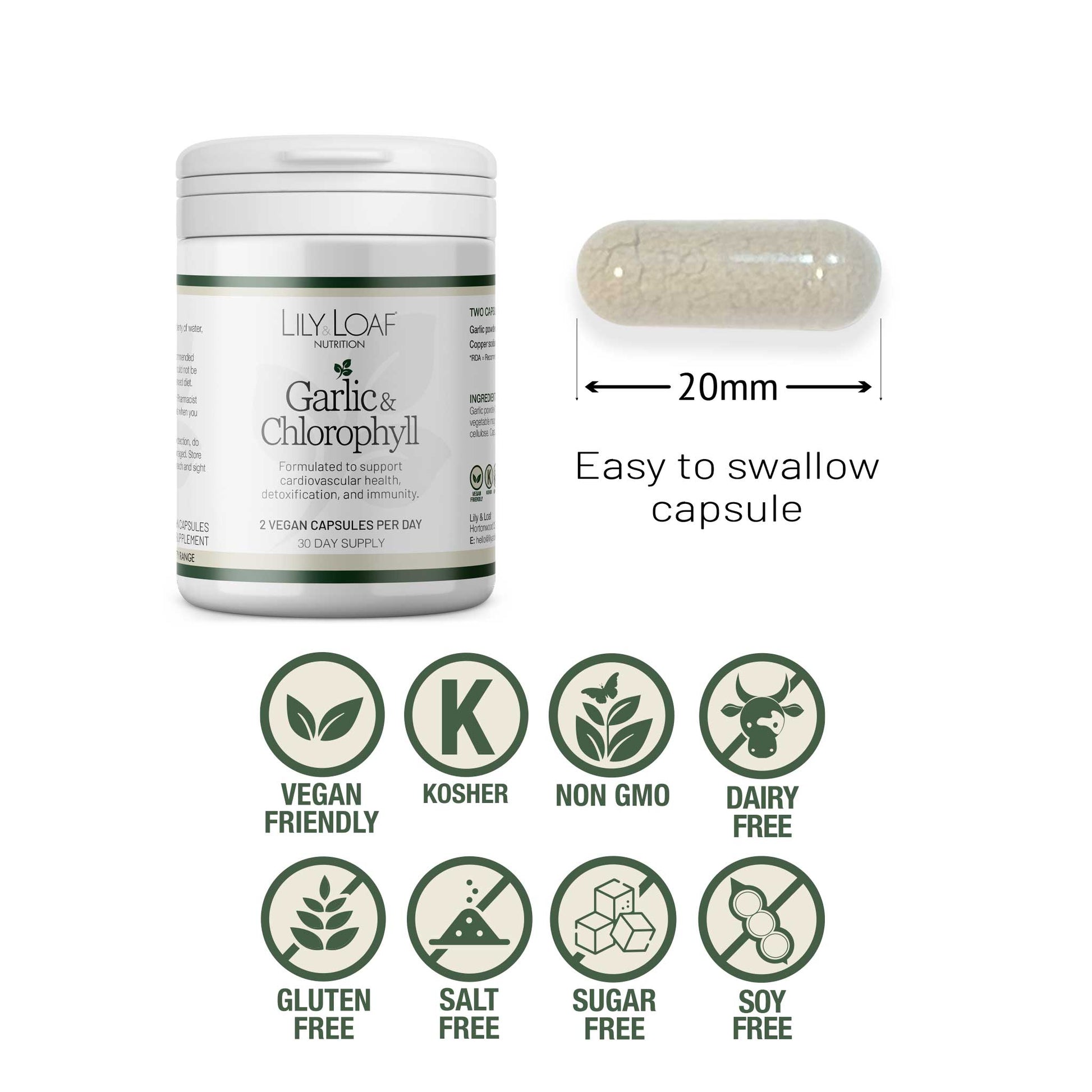 Garlic & Chlorophyll capsule size & Allergen Free list