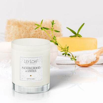 Sandalwood and Amber Soy Wax Candle in a bathroom