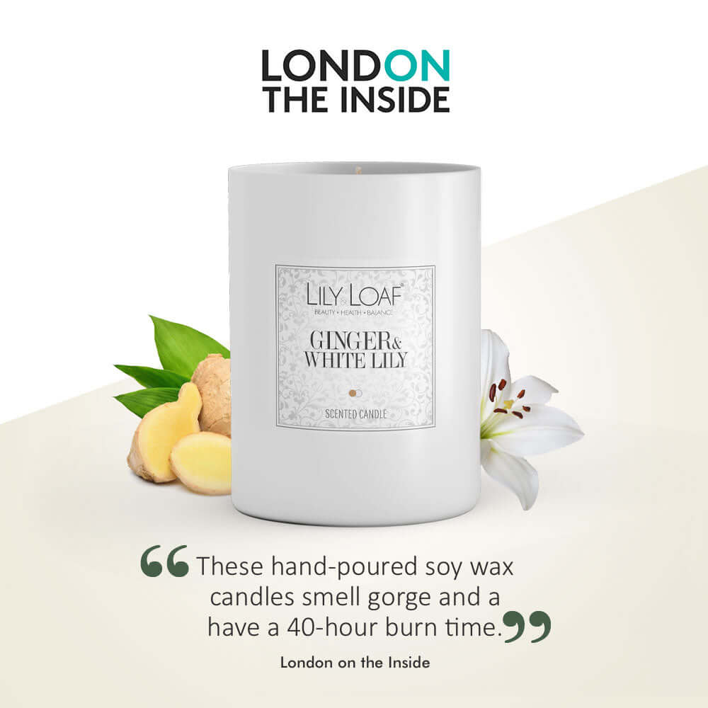 Lily & Loaf's Ginger & White Lily candle, highlighted by London on the Inside, for a long-lasting scent.