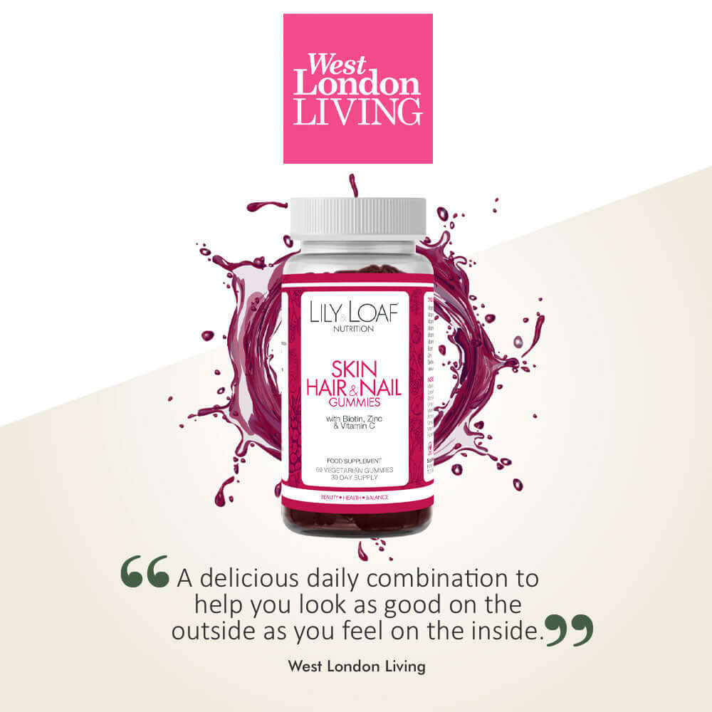 Bottle of Lily & Loaf’s Skin, Hair & Nails Gummies splashed in pink, recommended by West London Living.