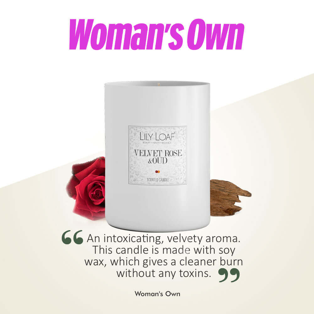 Lily & Loaf's Velvet Rose & Oud candle with red rose, featured in Woman's Own for a luxurious aroma.