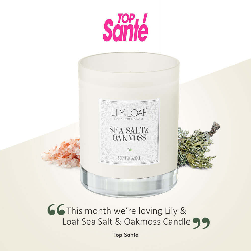 Lily & Loaf’s Sea Salt & Oakmoss Candle, praised in Top Santé for its serene aroma and ambiance.