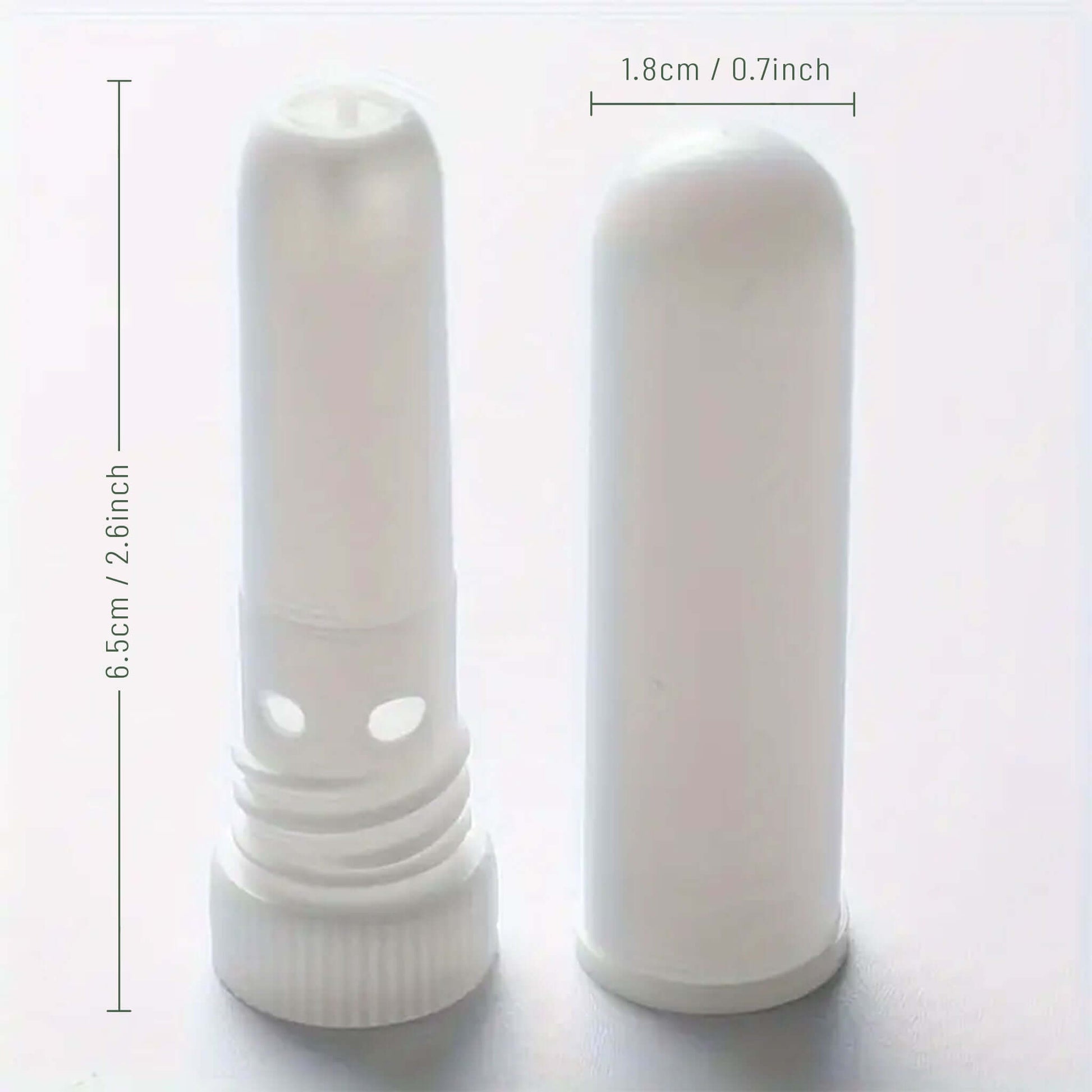 Nasal Inhaler Stick with dimensions indicated on a light grey background
