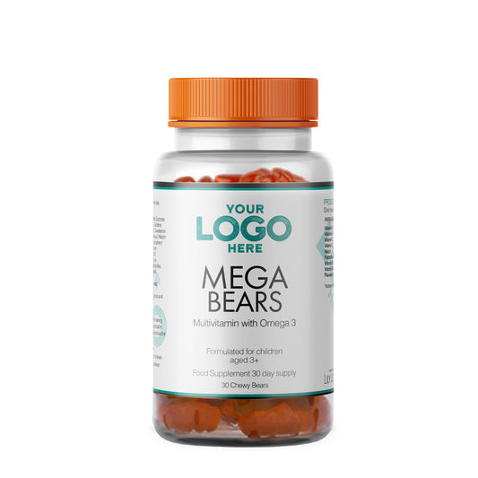 Private label Mega Bears children’s multivitamin with Omega 3, 30 chewy bears bottle for 30-day supply