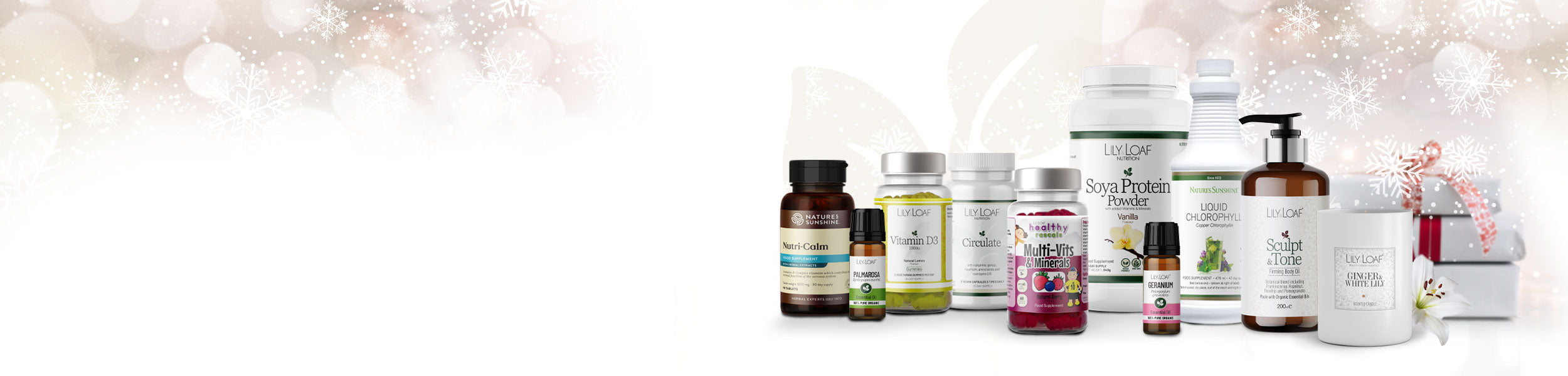 Assorted skincare and wellness products on a gradient background