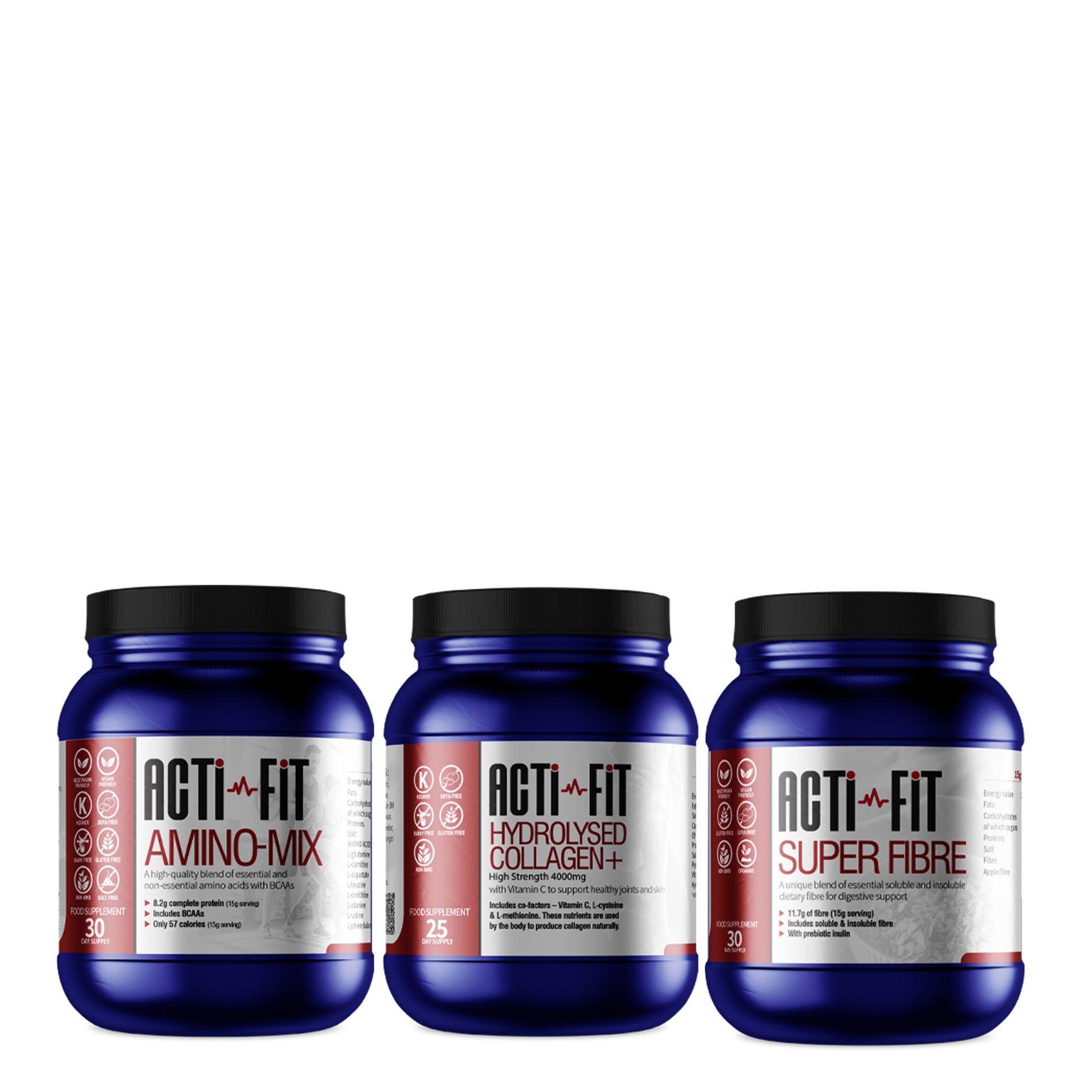 Acti-Fit Low Impact Bundle contains Amino Mix, Hydrolysed Collagen+ and Super Fibre